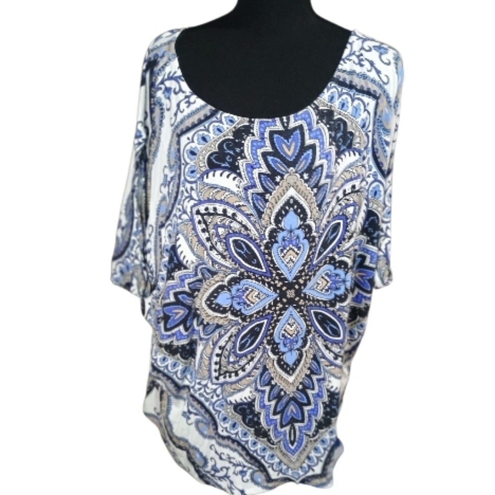 Pullover Top Wide Split Short Sleeves Paisley Shirt Summer Sz XL